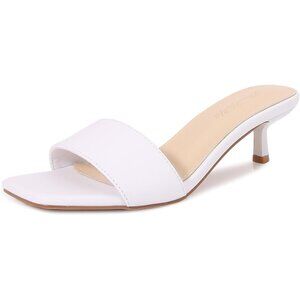 Women's White Kitten Heels Sandal Heeled Slides Square Open Toe One Band Slip On